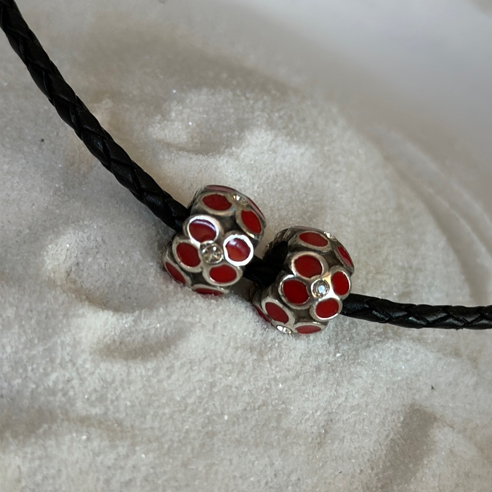 Retired 2 Brighton Red Silver Pattern Beads